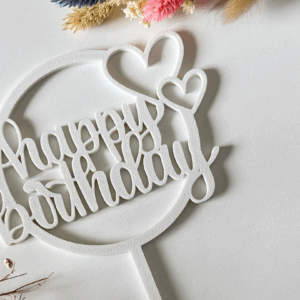 Happy Birthday Cake Topper with Double Hearts — Elegant White 3D Printed Celebration Decor